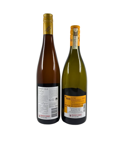Back view of Pewsey Vale Prima 24GR Riesling Eden Valley 2024 and Borgo Maragliano La Caliera Moscato d’Asti 2024 wine bottles – showcasing detailed producer information, vintage, and wine descriptions.