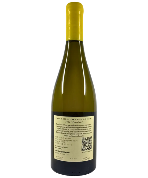 Back label of Bass Phillip Premium Chardonnay 2021 – South Gippsland old vines white wine with winemaker notes and vintage details