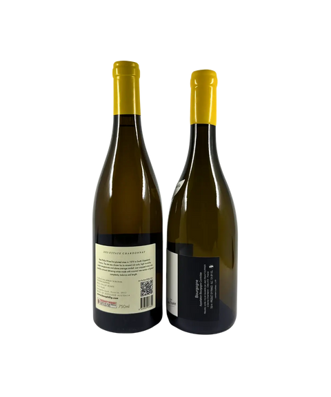 Back view of Bass Phillip x Fourrier Chardonnay 2-Pack – detailed wine labels showing tasting notes, vineyard origins, and winemaking details for the 2023 Bass Phillip Estate Chardonnay (Gippsland, Australia) and 2022 Jean-Marie Fourrier Bourgogne Chardonnay Vieille Vigne (Burgundy, France).