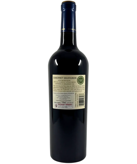 Bogle Family Vineyards Cabernet Sauvignon 2022 back label featuring tasting notes, producer details, and barcode.