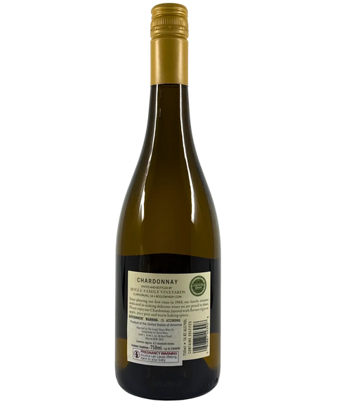 Back label of Bogle Family Vineyards Chardonnay 2023, California white wine detailing tasting notes, winemaker story, and government warnings.