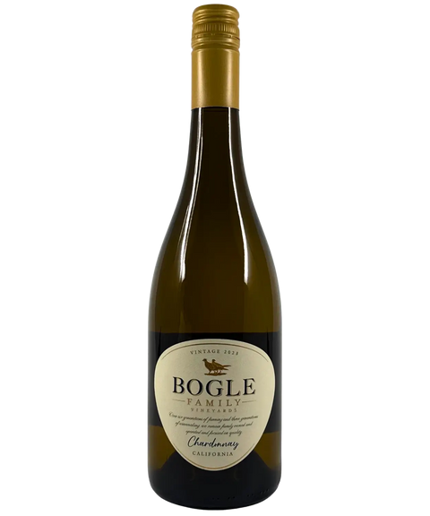Front label of Bogle Family Vineyards Chardonnay 2023, California white wine with gold screw cap and cream label featuring vineyard crest.