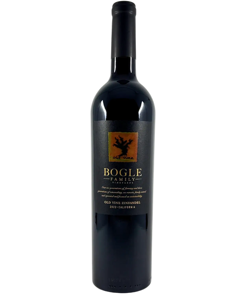 Front label of Bogle Family Vineyards Old Vine Zinfandel 2022, California red wine with black label and vine illustration.