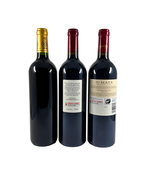 International wine back labels showing Château Gruaud Larose Bordeaux, Mount Mary Yarra Valley, and Te Mata Coleraine 2023 details