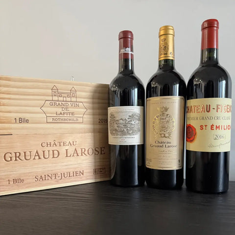 Investment-grade Bordeaux wines Lafite Rothschild Gruaud Larose Figeac collection with original wooden cases Australia