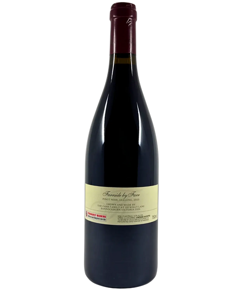 By Farr 'Farrside' Pinot Noir 2023 wine bottle back label showing producer details, origin in Geelong, Australia, and vintage information.