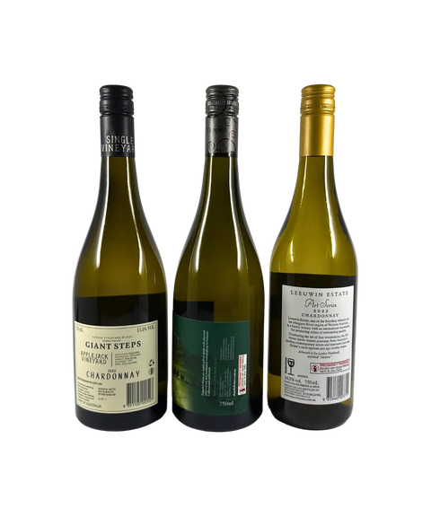 Back labels of Chardonnay Explorer 3-Pack featuring Giant Steps Applejack Vineyard 2023 Chardonnay, Dappled Appellation 2022 Chardonnay, and Leeuwin Estate Art Series 2022 Chardonnay.
