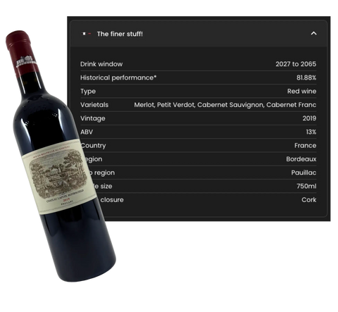 2019 Château Lafite Rothschild Pauillac Bordeaux red wine bottle with specification panel showing Merlot Petit Verdot Cabernet Sauvignon Cabernet Franc blend