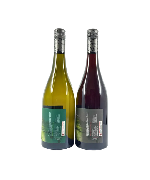 Back labels of Dappled Appellation 2024 Chardonnay and Pinot Noir from Yarra Valley, showing winery details and bottle information.