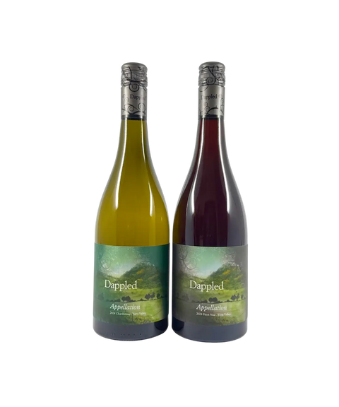 Dappled Appellation wine pack featuring 2024 Chardonnay and 2024 Pinot Noir from Yarra Valley, with scenic vineyard artwork on the labels.