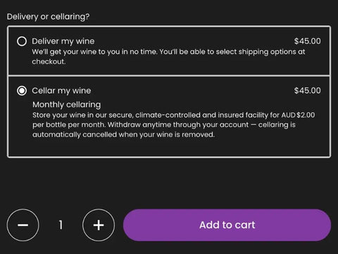 Wine storage service selection showing professional cellaring vs home delivery options in Australia