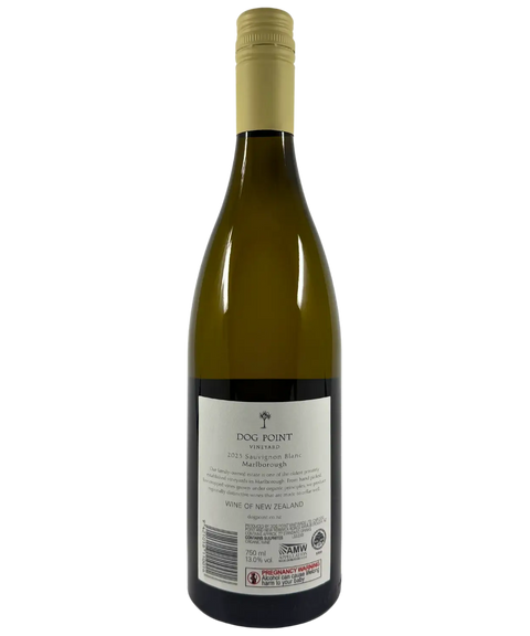 2023 Dog Point Vineyard Sauvignon Blanc white wine bottle back label from Marlborough New Zealand with gold screw cap closure