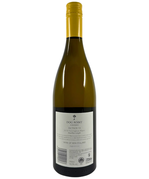 2018 Dog Point Vineyard Section 94 Sauvignon Blanc white wine bottle back label from Marlborough New Zealand with gold foil capsule