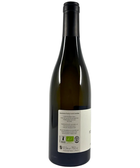 2021 Domaine du Bouchot Pouilly-Fumé white wine bottle back label showing Appellation Pouilly-Fumé Contrôlée and organic certification