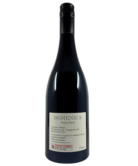 Domenica Estate Shiraz 2023 Beechworth wine bottle back label with winery details, alcohol content, and origin information.