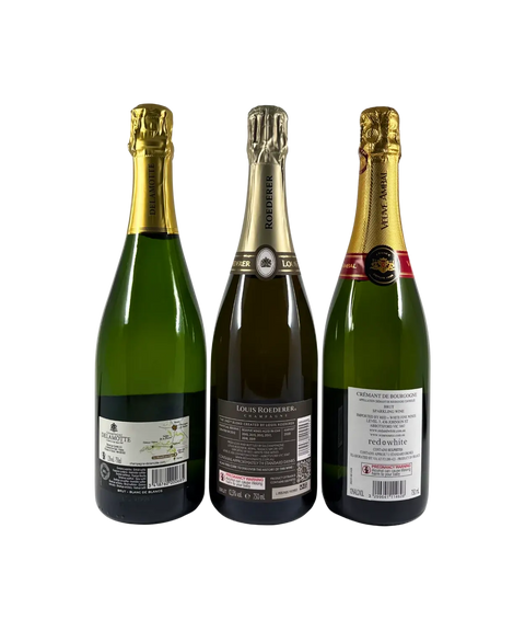 Back labels of three premium French sparkling wines – Champagne Delamotte Blanc de Blancs, Louis Roederer Collection 243, and Veuve Ambal Crémant de Bourgogne – showing origin, vintage, and producer details.