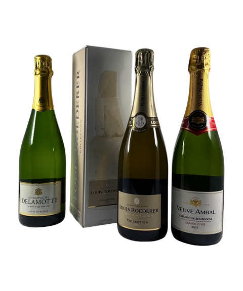 Three premium French sparkling wines with front labels displayed, including Champagne Delamotte Blanc de Blancs, Louis Roederer Collection 243 with gift box, and Veuve Ambal Crémant de Bourgogne Grande Cuvée Brut.