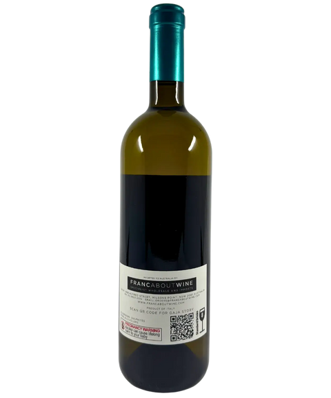 2023 Gaja Ca' Marcanda Vistamare white wine bottle back label from Tuscany Italy showing Franc About Wine importer information with teal capsule