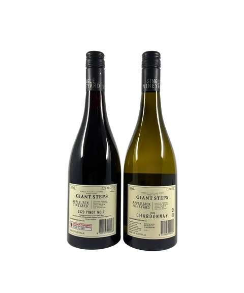 Back view of Giant Steps Applejack Vineyard 2023 Pinot Noir and Chardonnay bottles, showing vintage details, alcohol content, and winery information from Yarra Valley, Australia.