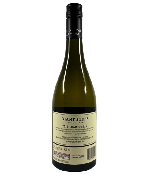 Giant Steps Yarra Valley Chardonnay 2024 back wine label – detailed winemaker’s notes, alcohol content, and origin from Yarra Valley, Australia.