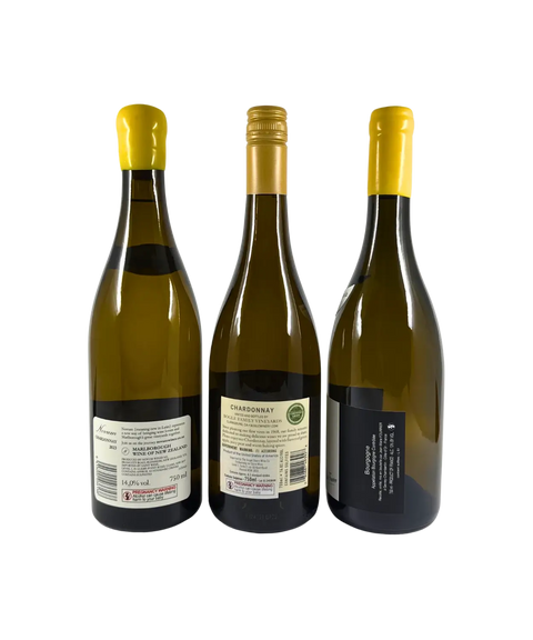 Back labels of Global Chardonnay 3-Pack featuring Novum Marlborough Chardonnay 2023, Bogle Family Vineyards Chardonnay 2021 from California, and Bourgogne Vieille Vigne Chardonnay 2022 from France