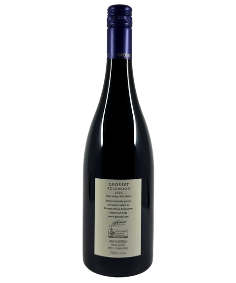 Back label of Grosset Rockwood Clare Valley Wild Shiraz 2022, biodynamically grown Australian red wine, 750ml bottle