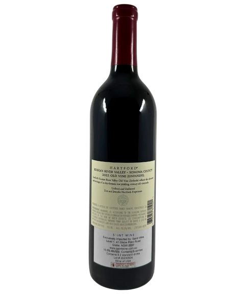 Back label of Hartford Russian River Valley Old Vine Zinfandel 2022, Sonoma County USA, showing alcohol content and vineyard details
