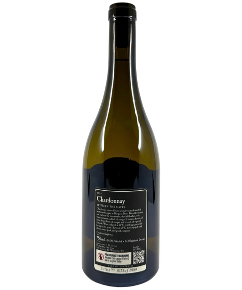 L.A.S. Vino 'Between the Capes' Chardonnay 2024 wine bottle back label – detailed tasting notes, vintage information, and Margaret River origin.