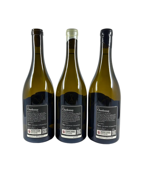 Back labels of L.A.S. Vino Chardonnay 3-Pack from Margaret River, showing wine descriptions, vintage details, and alcohol content.