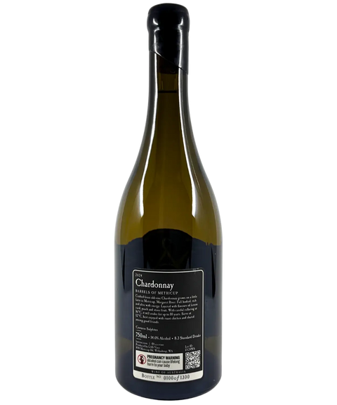 Back label of LAS VINO Barrels of Metricup Chardonnay 2024 – Margaret River Chardonnay with tasting notes, serving suggestions, and bottle number out of limited release 1300.