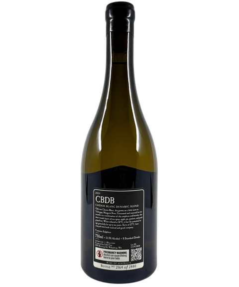 Back label of LAS VINO CBDB Chenin Blanc Dynamic Blend 2024 Margaret River wine bottle with tasting notes and production details