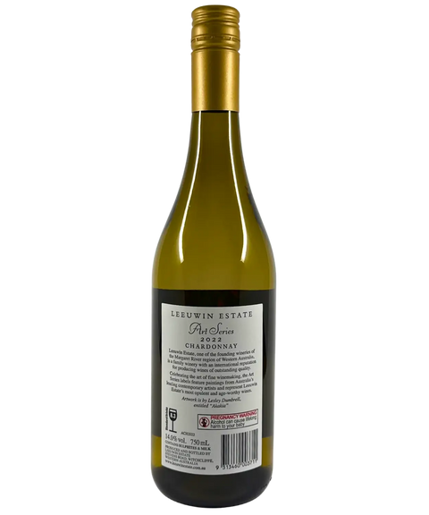 Leeuwin Estate Art Series Chardonnay 2022 wine bottle back label – detailed winery description, vintage information, and Margaret River origin.