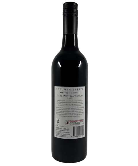 Back label of Leeuwin Estate Prelude Vineyards Cabernet Sauvignon 2022, premium Margaret River red wine, 750ml bottle