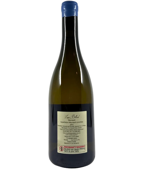 Louis Billard Meursault Chardonnay 2022 back label showing vineyard details, importer information, alcohol content and product of France warning label.