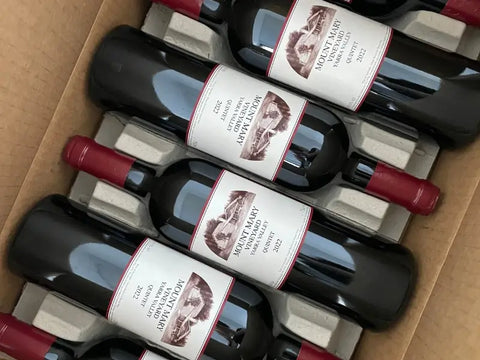 Mount Mary Quintet wine bottles in professional cellar storage facility Australia