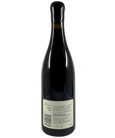 Novum Syrah 2021 wine bottle back label showing Marlborough New Zealand origin and 13.5% alcohol content