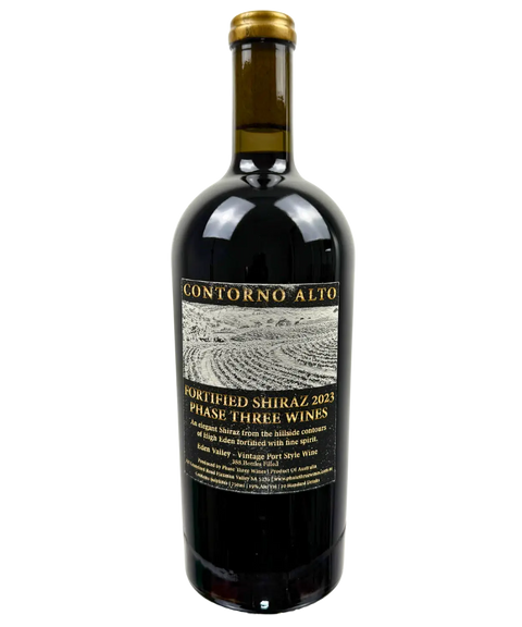 2023 Phase Three Wines Contorno Alto Fortified Shiraz vintage port style wine bottle from Eden Valley with gold foil capsule and vineyard landscape label