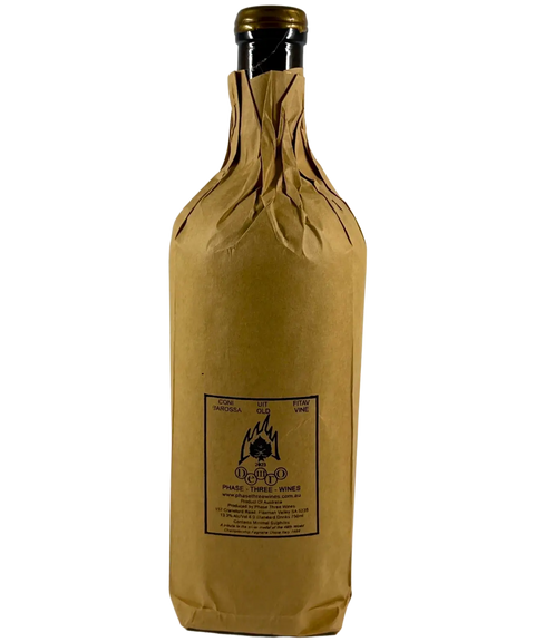Phase Three Wines Dero Syrah 2023 back view, Barossa Valley old vine Shiraz with Phase Three branding and minimal intervention wine details on brown paper wrap.