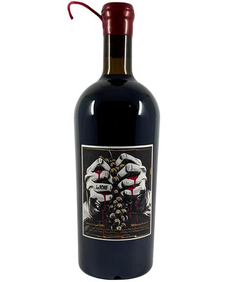 Phase Three Wines LeBomb Syrah 2024 from Barossa Valley â premium Australian red wine bottle showing dramatic back label artwork with hands crushing grapes and vivid design