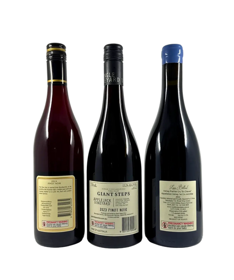 Back labels of three Pinot Noir wines – Brokenwood Pinot Noir 2024, Giant Steps Applejack Vineyard Pinot Noir 2023, and Louis Billard Volnay Premier Cru “En Chevret” 2022 – showing vintage details, vineyard information, and alcohol content.