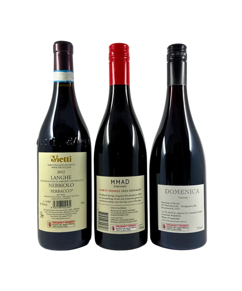 Back labels of Red Varietal Explorer 3-Pack – Vietti Langhe Nebbiolo 2022, MMAD Vineyard Blewitt Springs Grenache 2023, and Domenica Gamay