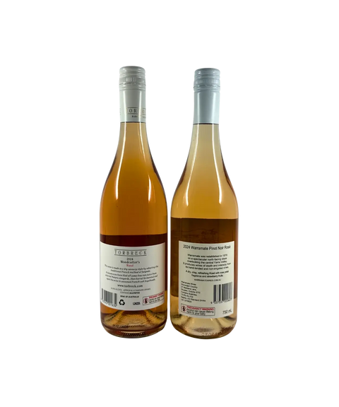 Back labels of Rosé Two Ways 2-Pack featuring 2024 Torbreck Woodcutter’s Rosé from Barossa Valley and 2024 Warramate Pinot Noir Rosé from Yarra Valley. Showcasing vintage details, producer information, alcohol content, and Australian wine labelling on clear glass bottles with silver screw caps.