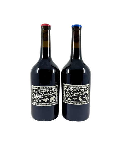 Sami-Odi Hoffman Dallwitz Syrah 2022 and 2023 wine bottles back labels featuring black and white artistic design with mountain and animal motifs