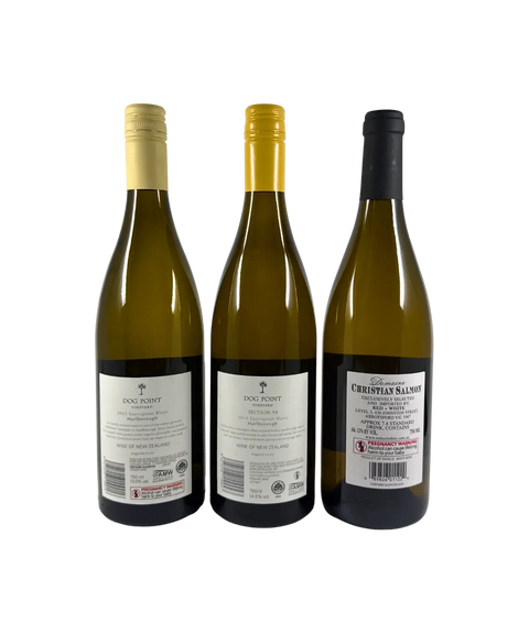 Back labels of Sauvignon Blanc 3-Pack featuring Dog Point Vineyard 2023 Sauvignon Blanc, Dog Point Vineyard 2018 Section 94, and Domaine Christian Salmon Sancerre 2023 wine bottles