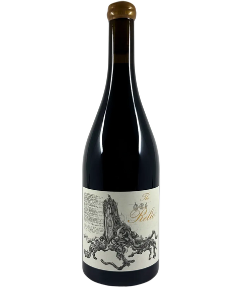 The Standish Relic 2023 red wine front bottle label showing interesting graphic and wax seal.