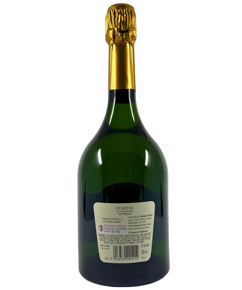 Back view of Taittinger Comtes de Champagne Grand Cru Blanc de Blancs 2013 bottle showing product details and importer information.