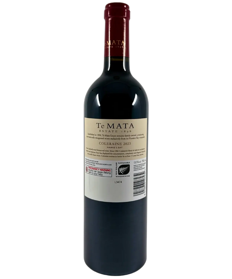 Te Mata Coleraine 2023 premium New Zealand red wine back label with tasting and importer notes