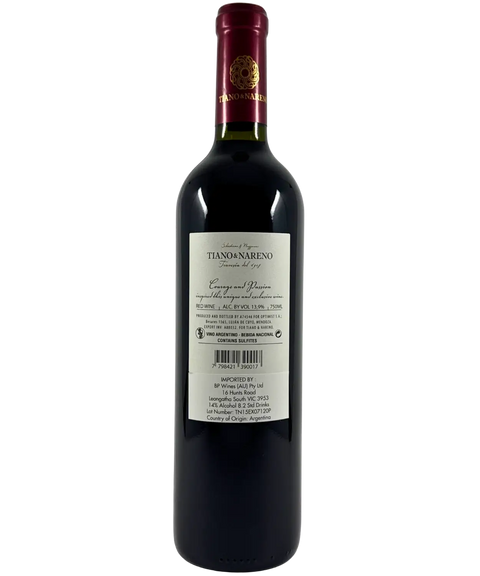 Back label of Tiano & Nareno Trevisio del 1908 Malbec 2020 – Mendoza Argentine red wine with producer details and vintage information