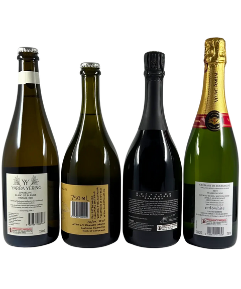 Back labels of Traditional Method Sparkling 4-Pack – Yarra Yering Sparkling Blanc de Blancs Vintage 2017, Dal Zotto Col Fondo Prosecco 2022, Rockford Black Shiraz Sparkling, and Veuve Ambal Crémant de Bourgogne Grande Cuvée Brut – showing wine details, origin, and producer information.
