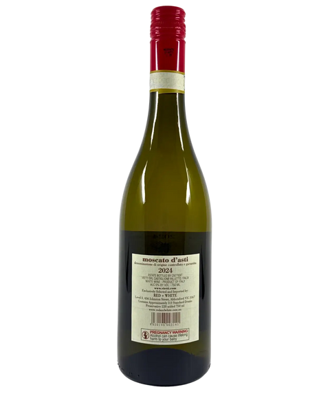 Back label of Vietti Moscato d'Asti DOCG 2024 – Italian sweet sparkling white wine with producer details and vintage information